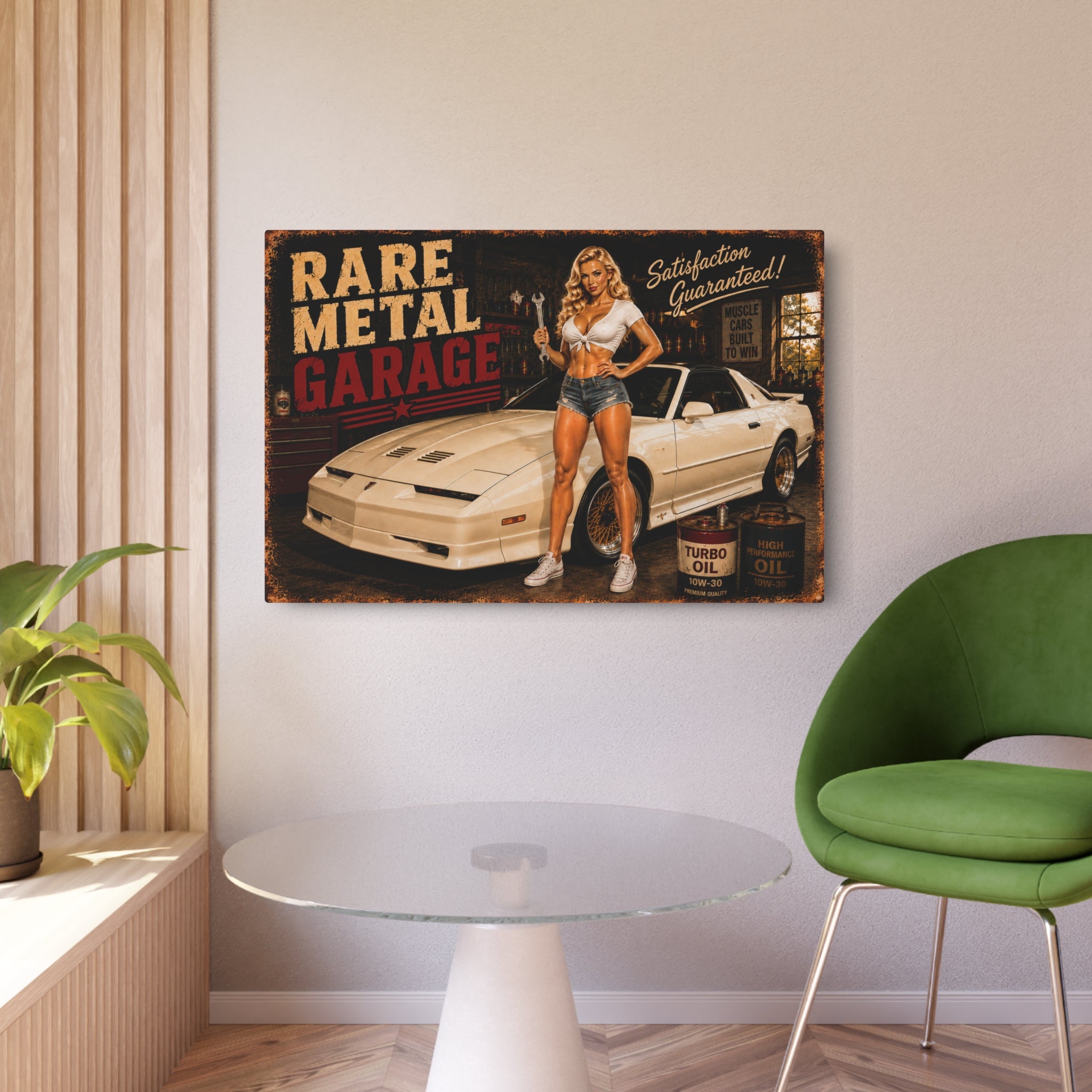 Rare Metal Garage Sign – White Turbo Trans Am Pinup Metal Wall Art | Garage Decor | Oversized