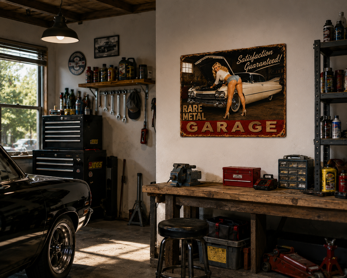 "1959" Rare Metal Pinup Garage Sign 20" x 16"