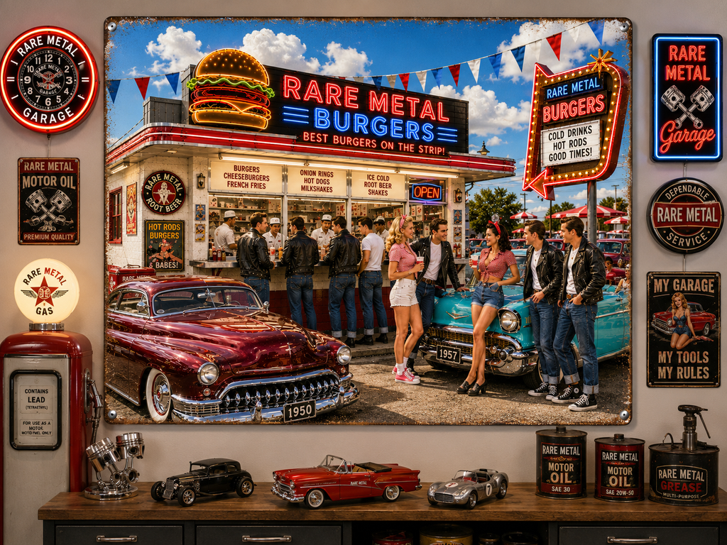 Rare Metal Neon Burger Stand Metal Sign 20" x 16"