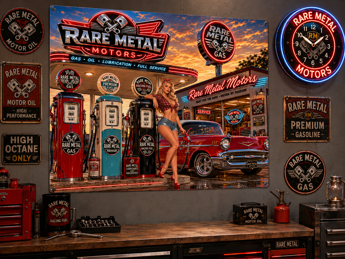 Rare Metal Neon Service Station Metal Sign 20" x 16"