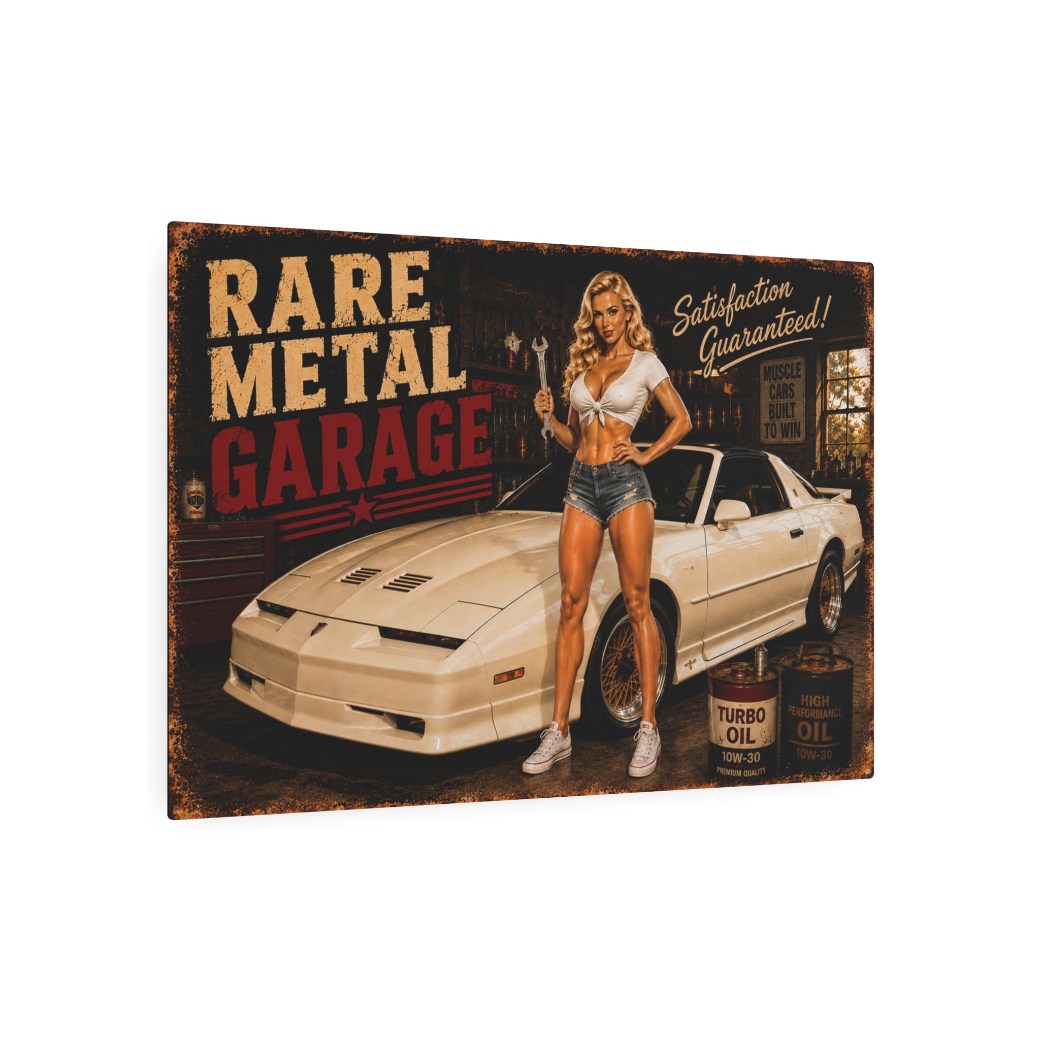 Rare Metal Garage Sign – White Turbo Trans Am Pinup Metal Wall Art | Garage Decor | Oversized