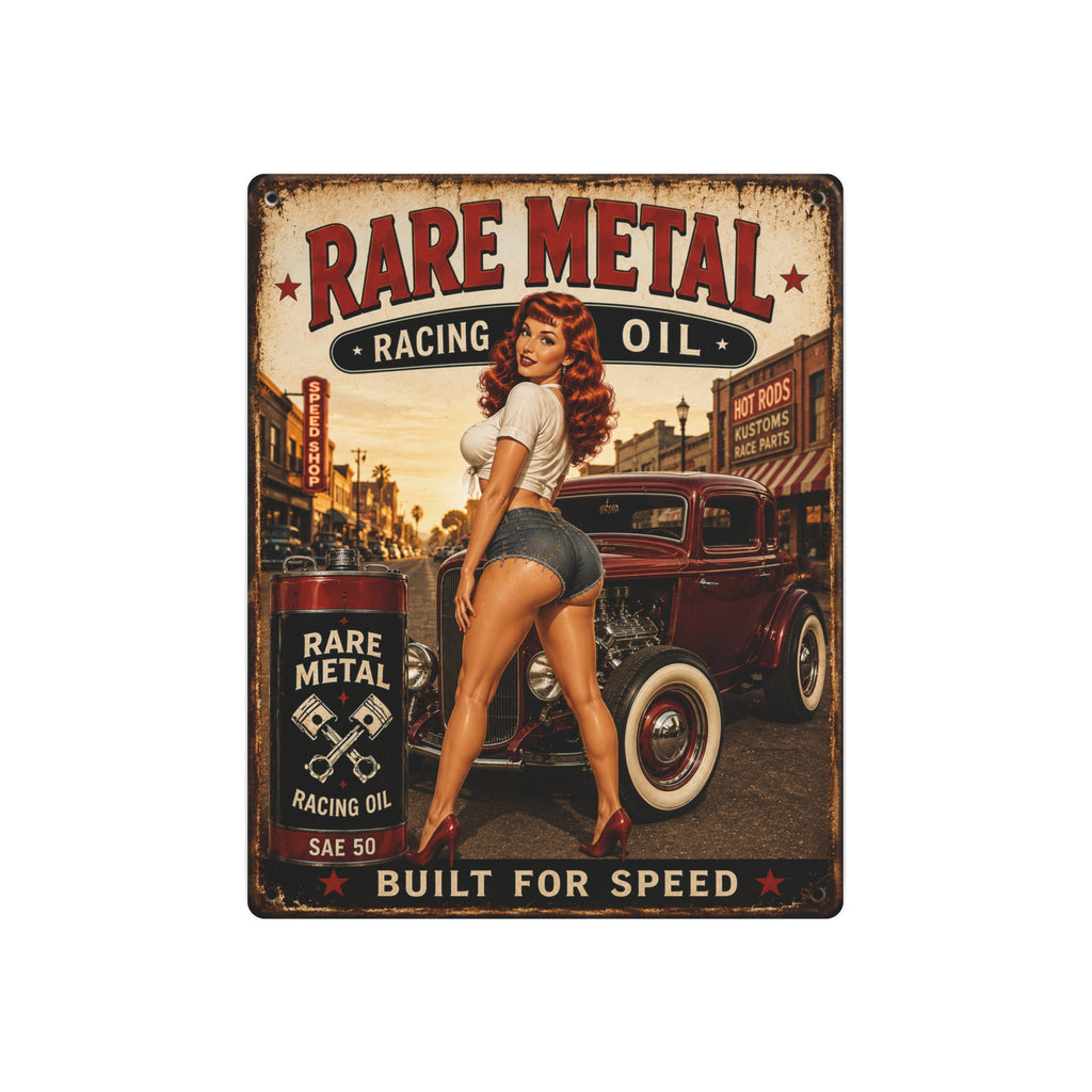 Rare Metal Racing Oil Pin-Up – 8x10 Vintage Wall Art