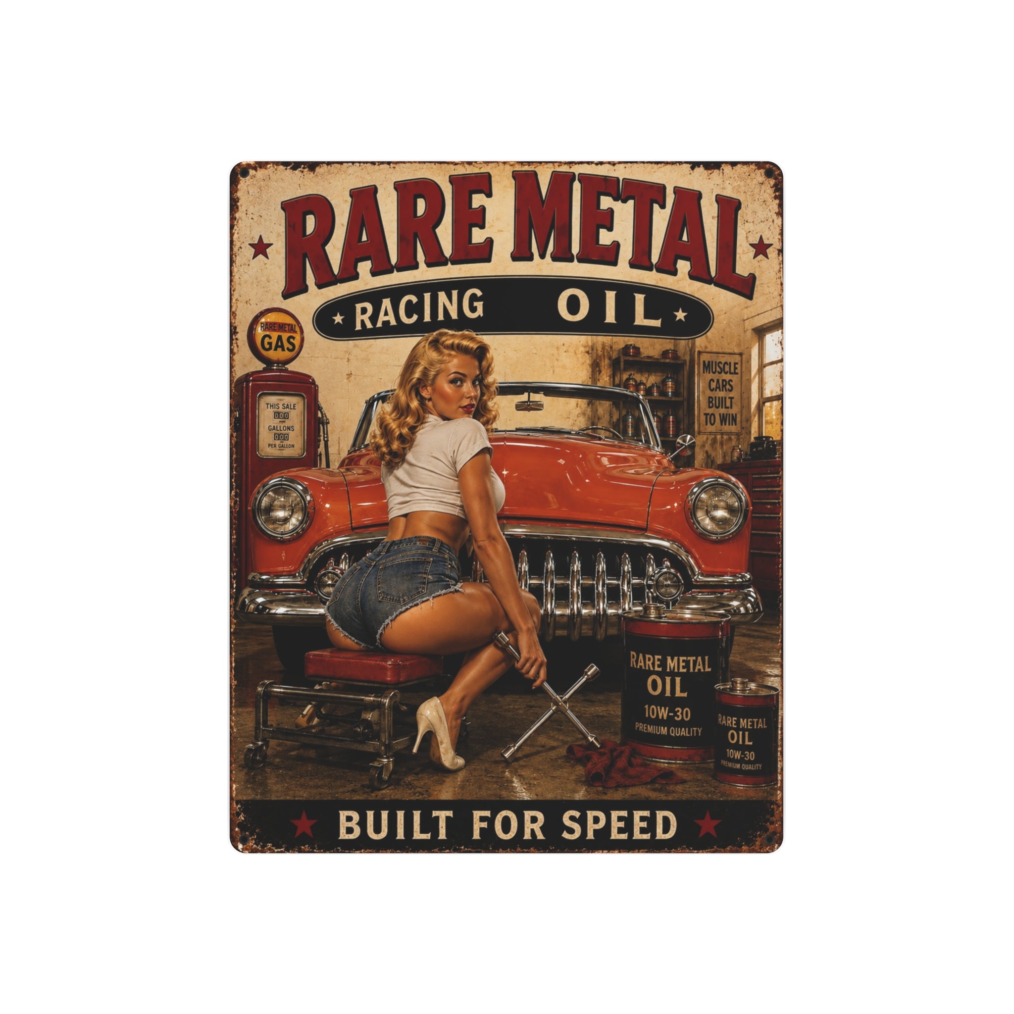 Rare Metal Racing Oil Pin-Up – 8x10 Vintage Wall Art