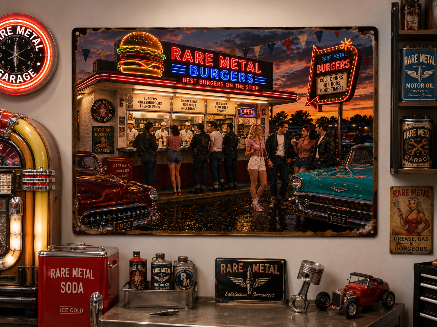 Rare Metal Neon Burger Stand Metal Sign 20" x 16"