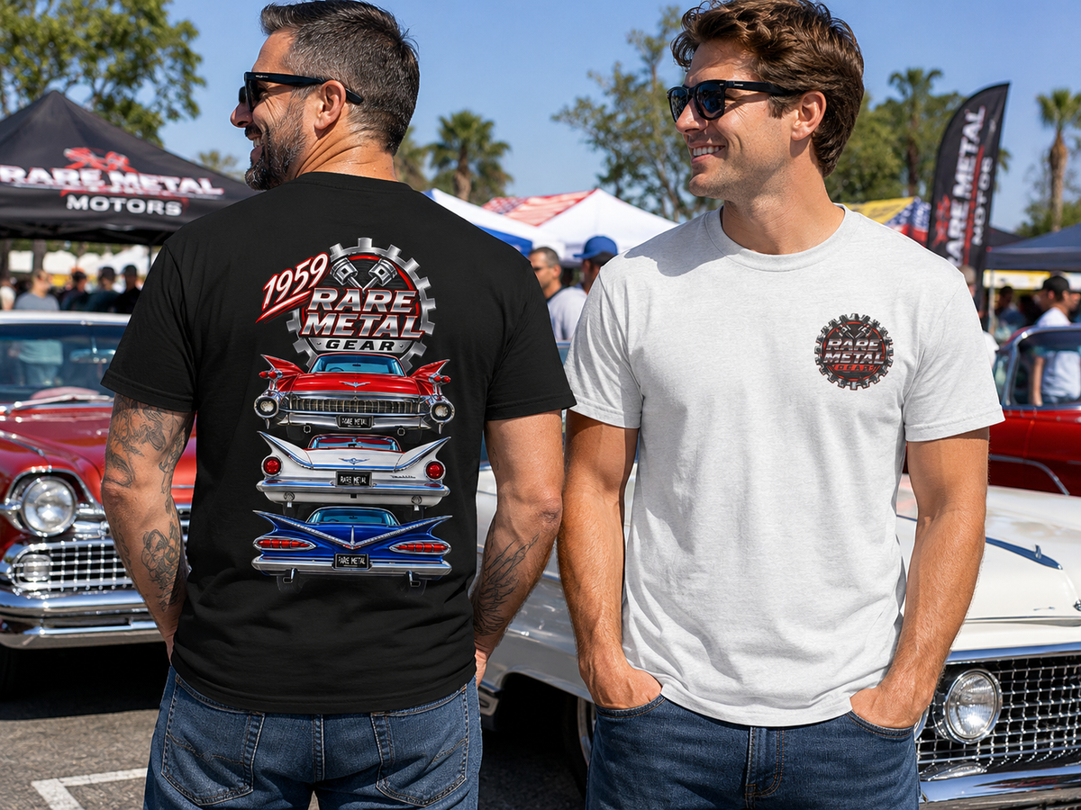1959 Rare Metal Gear Classic Cars T-Shirt — American Tailfin Legends Tee