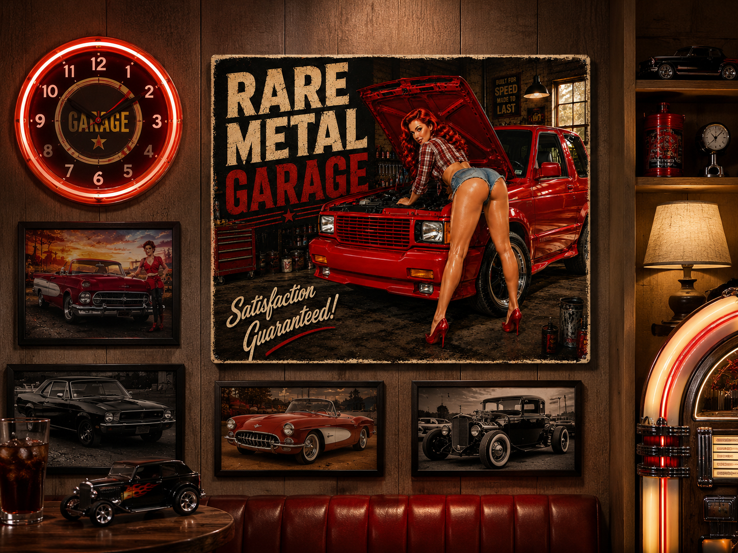 Rare Metal Garage Sign — Red Typhoon Pinup Car Metal Wall Art 20" x 16"