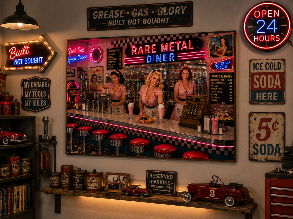 Rare Metal Neon Diner Metal Sign "Oversized"