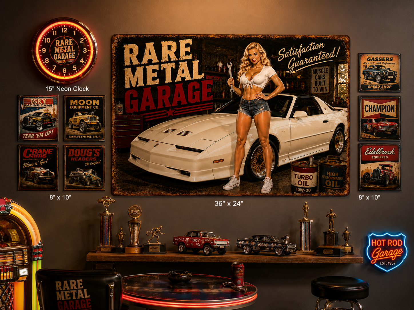 Rare Metal Garage Sign – White Turbo Trans Am Pinup Metal Wall Art | Garage Decor | Oversized